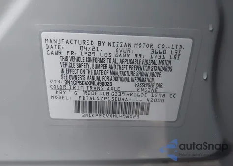 2021 Nissan Kicks Sv Xtronic Cvt из США, поврежденный, VIN 3N1CP5CVXML498023